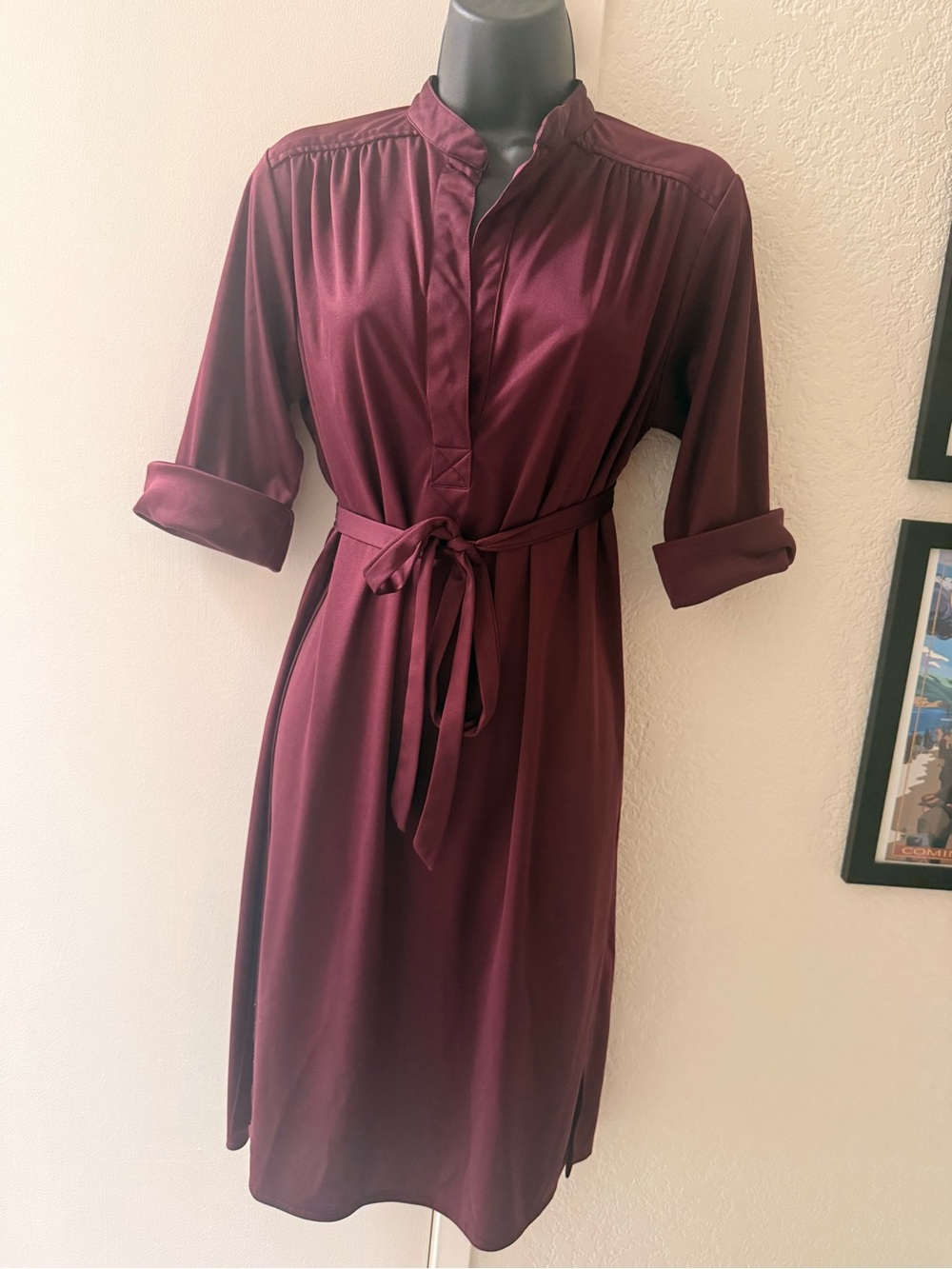Vintage 1970s Samuel Blue Burgundy‎ Satin Tunic Dress Belted High Slit Midi